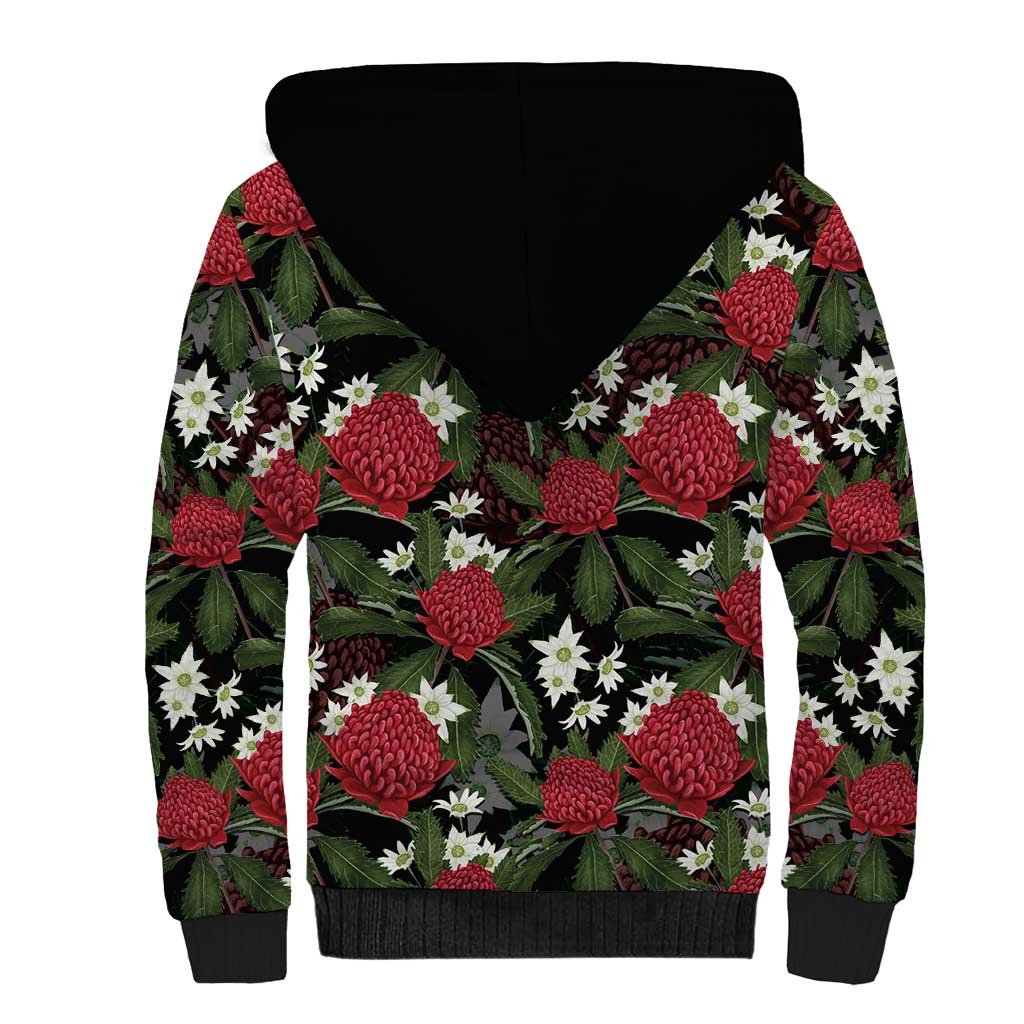 Australia Waratah Flannel Flower Sherpa Hoodie Aussie Native Flowers Seamless Stylized - Aussie Hoodie