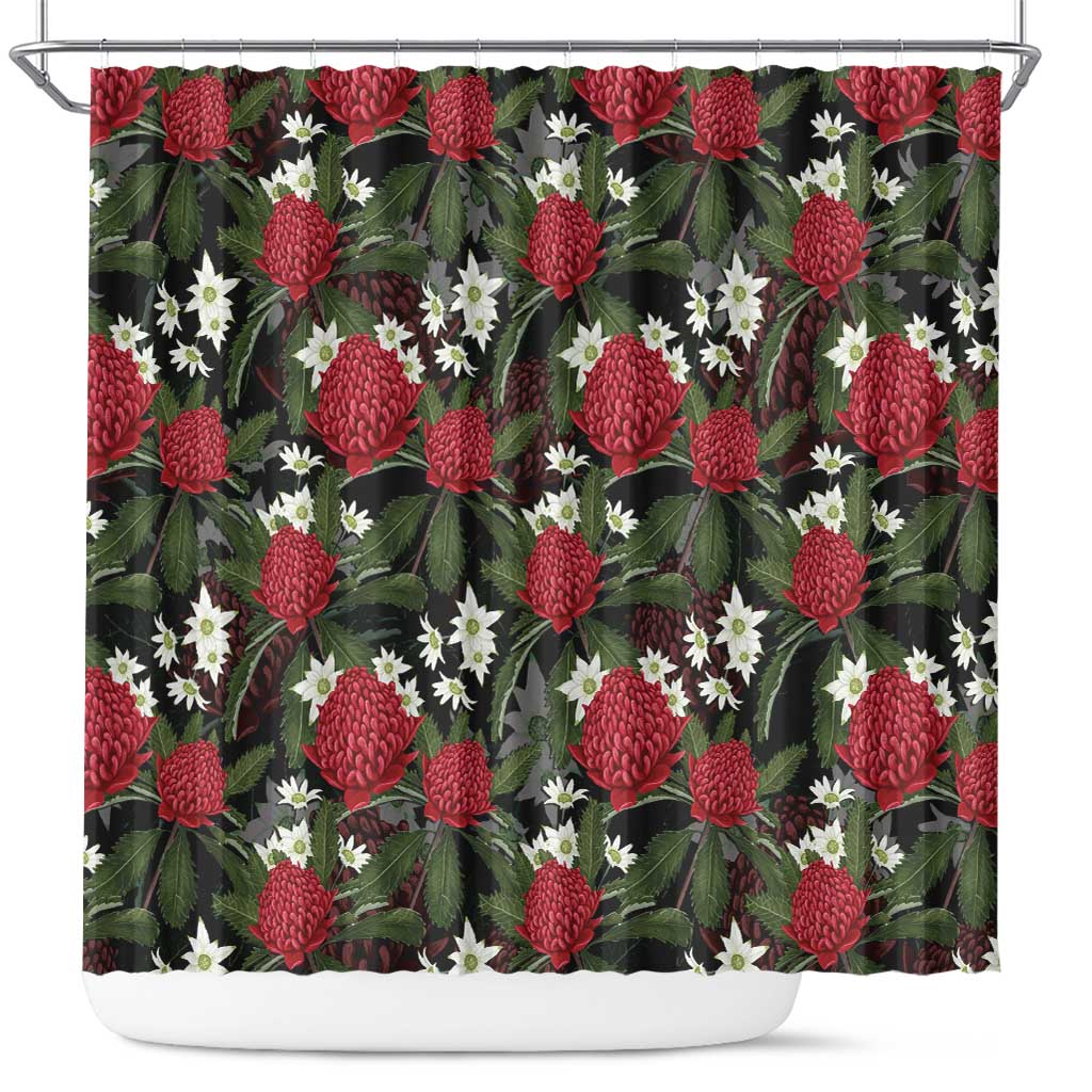 Australia Waratah Flannel Flower Shower Curtain Aussie Native Flowers Seamless Stylized - Aussie Hoodie