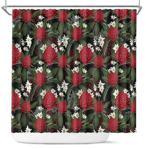 Australia Waratah Flannel Flower Shower Curtain Aussie Native Flowers Seamless Stylized - Aussie Hoodie