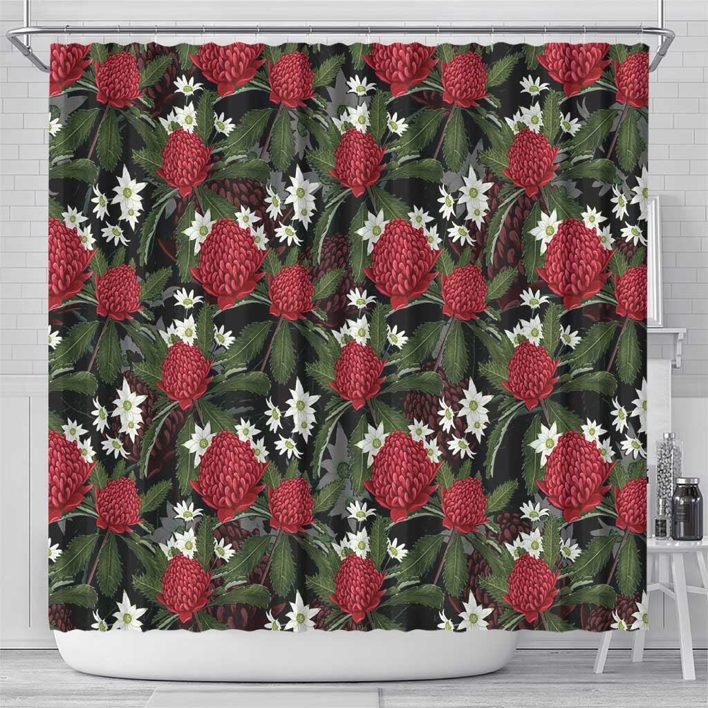 Australia Waratah Flannel Flower Shower Curtain Aussie Native Flowers Seamless Stylized - Aussie Hoodie