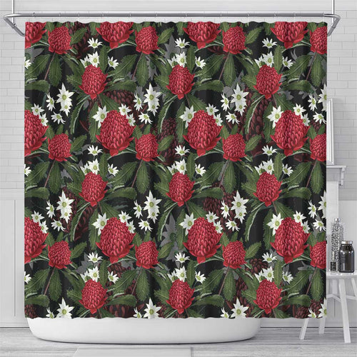 Australia Waratah Flannel Flower Shower Curtain Aussie Native Flowers Seamless Stylized - Aussie Hoodie
