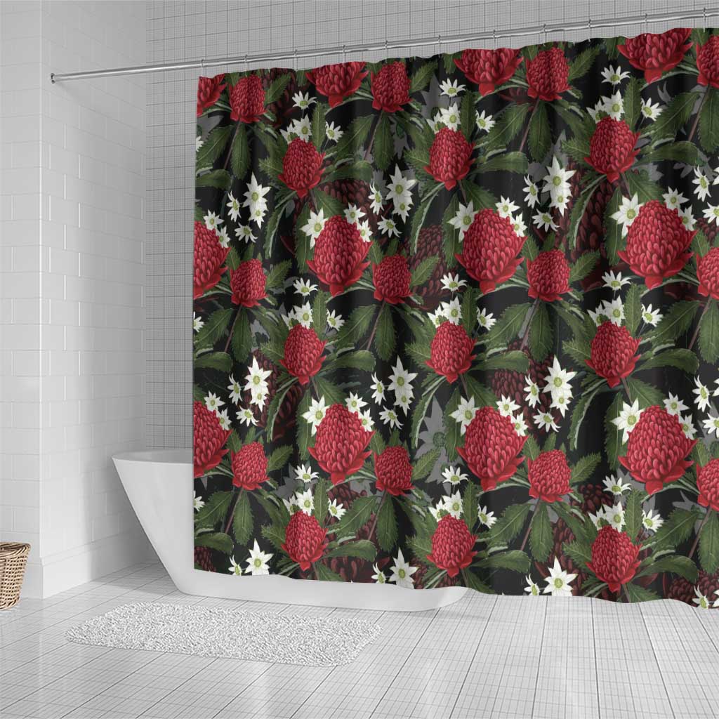 Australia Waratah Flannel Flower Shower Curtain Aussie Native Flowers Seamless Stylized - Aussie Hoodie