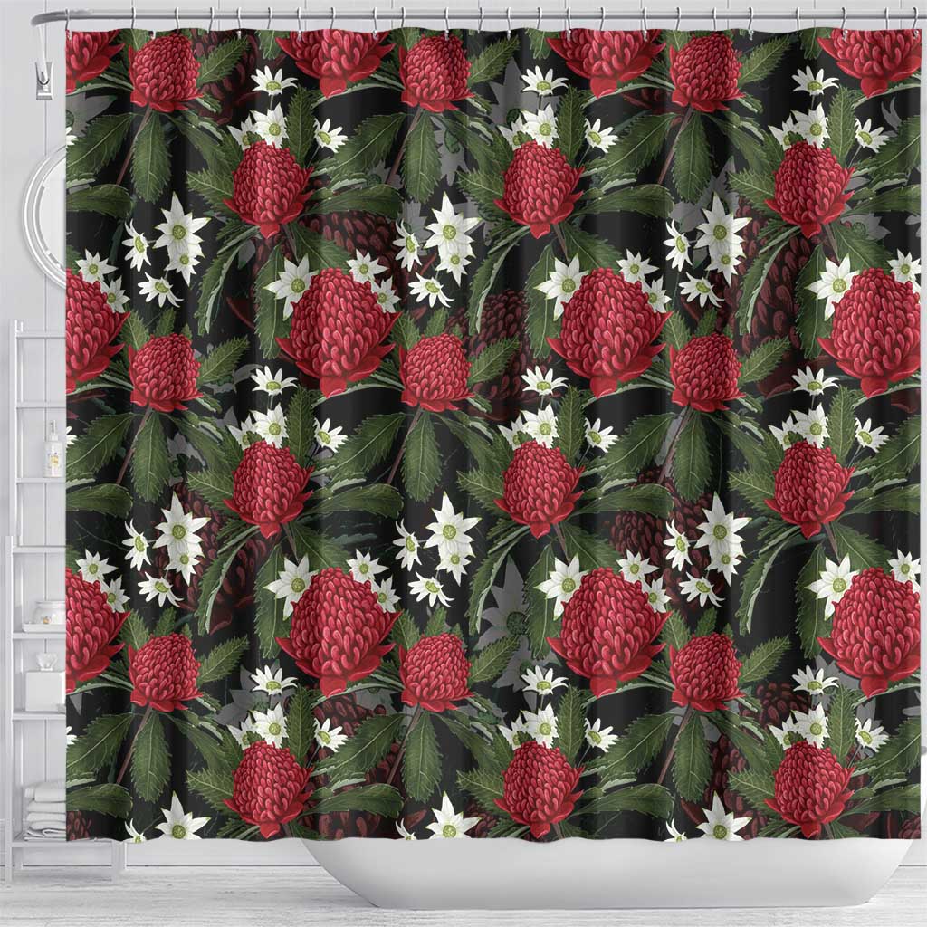 Australia Waratah Flannel Flower Shower Curtain Aussie Native Flowers Seamless Stylized - Aussie Hoodie
