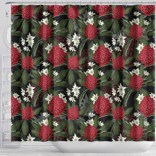 Australia Waratah Flannel Flower Shower Curtain Aussie Native Flowers Seamless Stylized - Aussie Hoodie