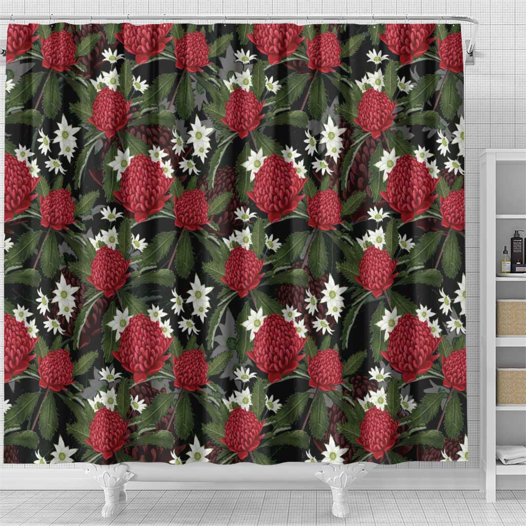 Australia Waratah Flannel Flower Shower Curtain Aussie Native Flowers Seamless Stylized - Aussie Hoodie