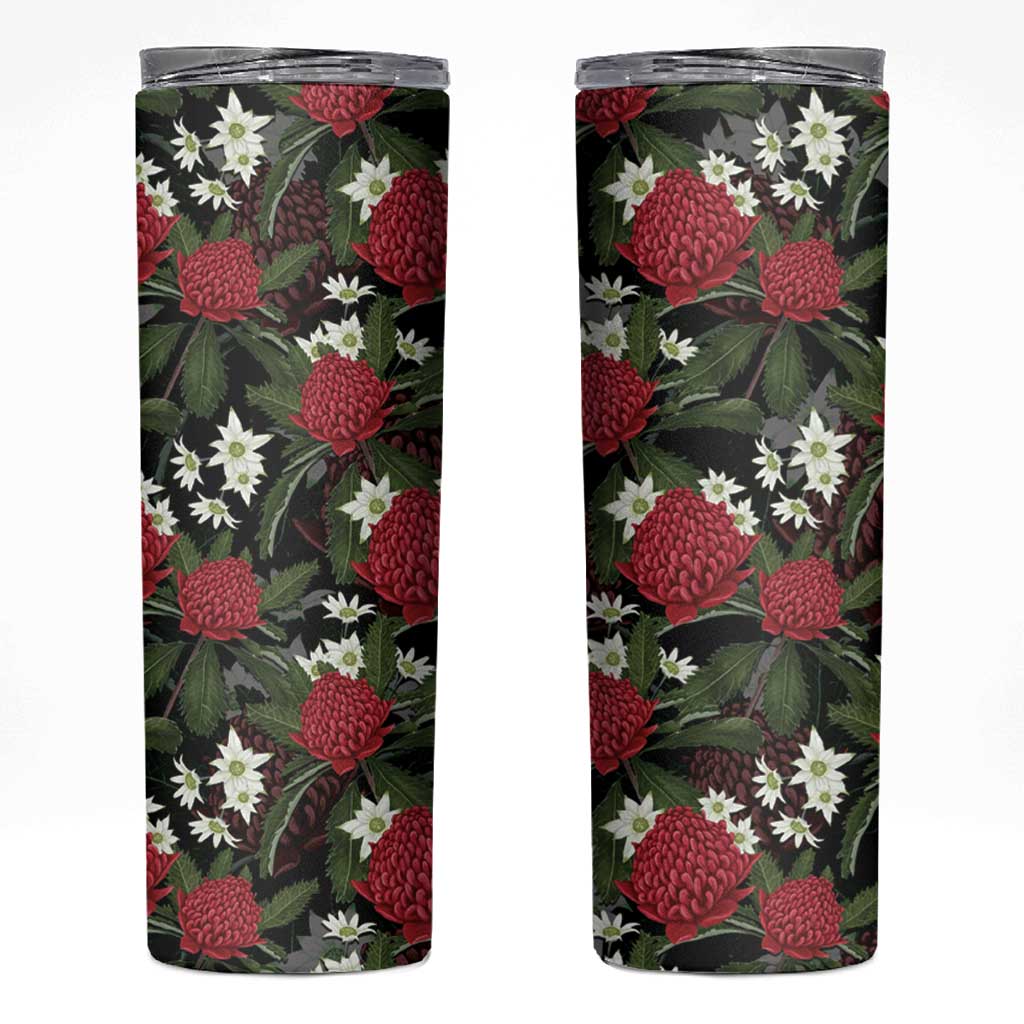 Australia Waratah Flannel Flower Skinny Tumbler Aussie Native Flowers Seamless Stylized - Aussie Hoodie