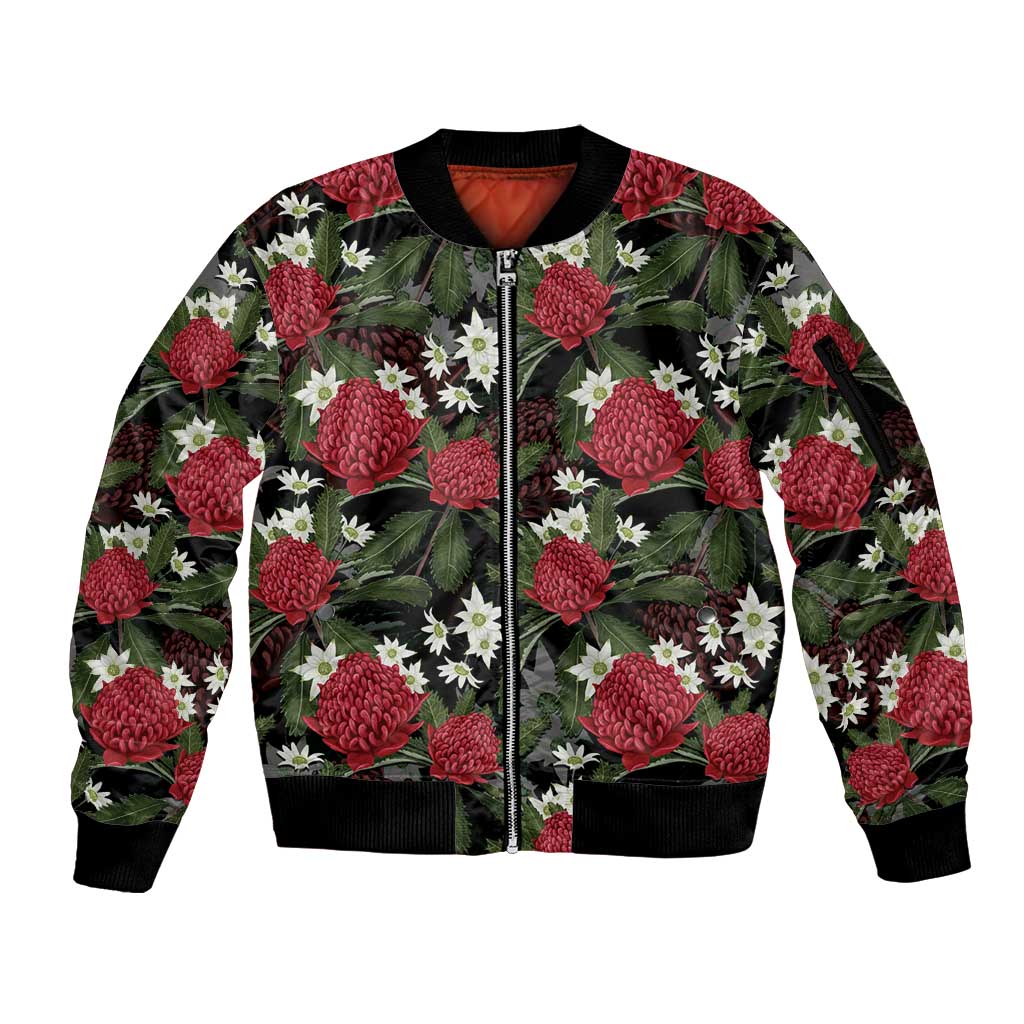 Australia Waratah Flannel Flower Sleeve Zip Bomber Jacket Aussie Native Flowers Seamless Stylized - Aussie Hoodie