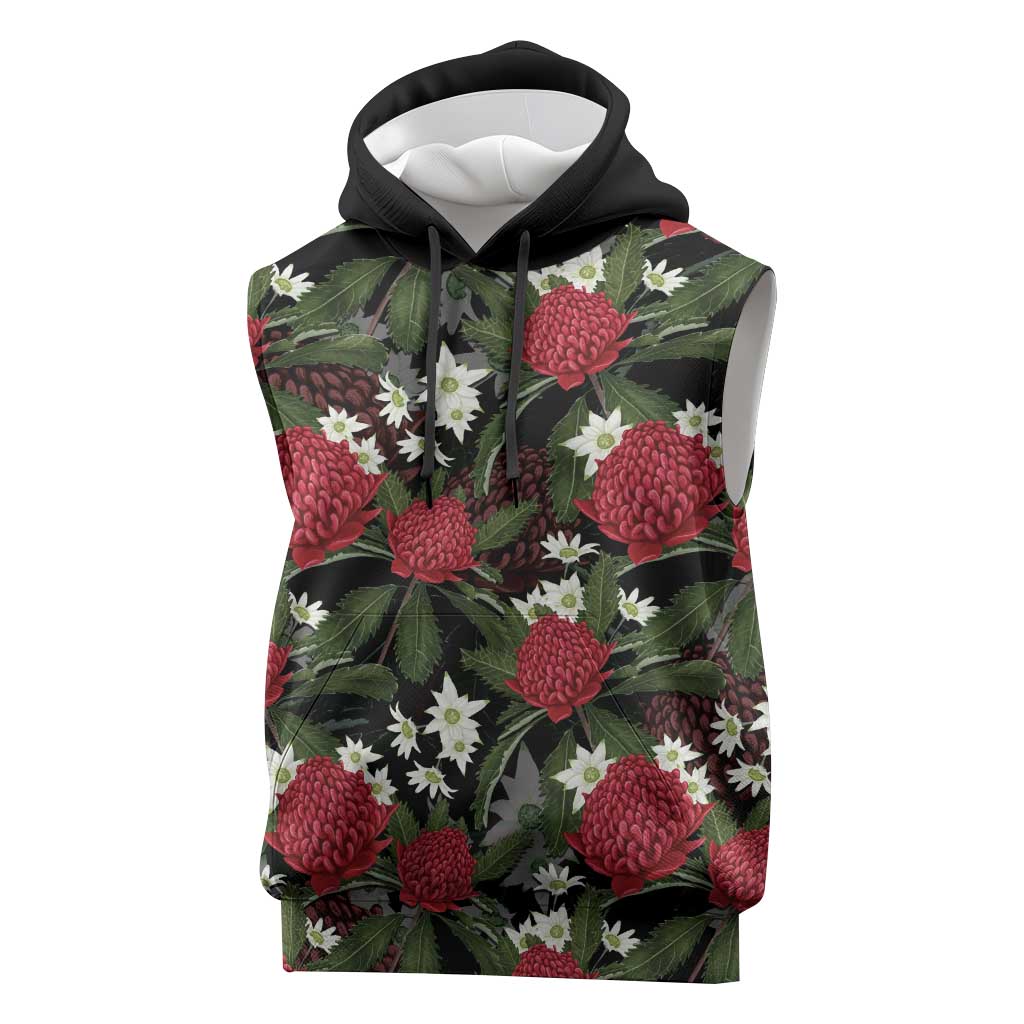 Australia Waratah Flannel Flower Sleeveless Hoodie Aussie Native Flowers Seamless Stylized - Aussie Hoodie