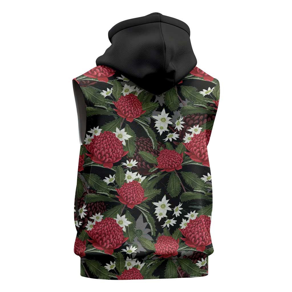 Australia Waratah Flannel Flower Sleeveless Hoodie Aussie Native Flowers Seamless Stylized - Aussie Hoodie