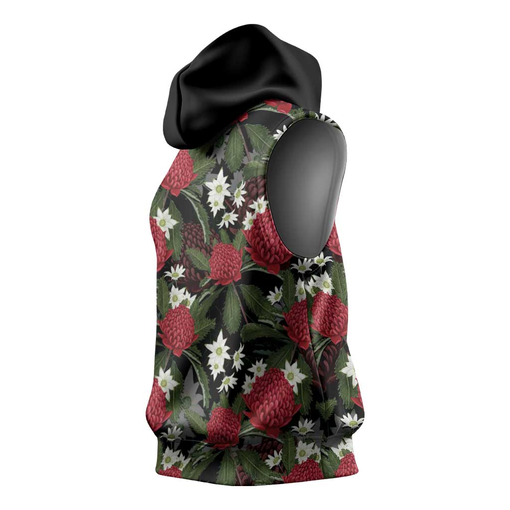 Australia Waratah Flannel Flower Sleeveless Hoodie Aussie Native Flowers Seamless Stylized - Aussie Hoodie