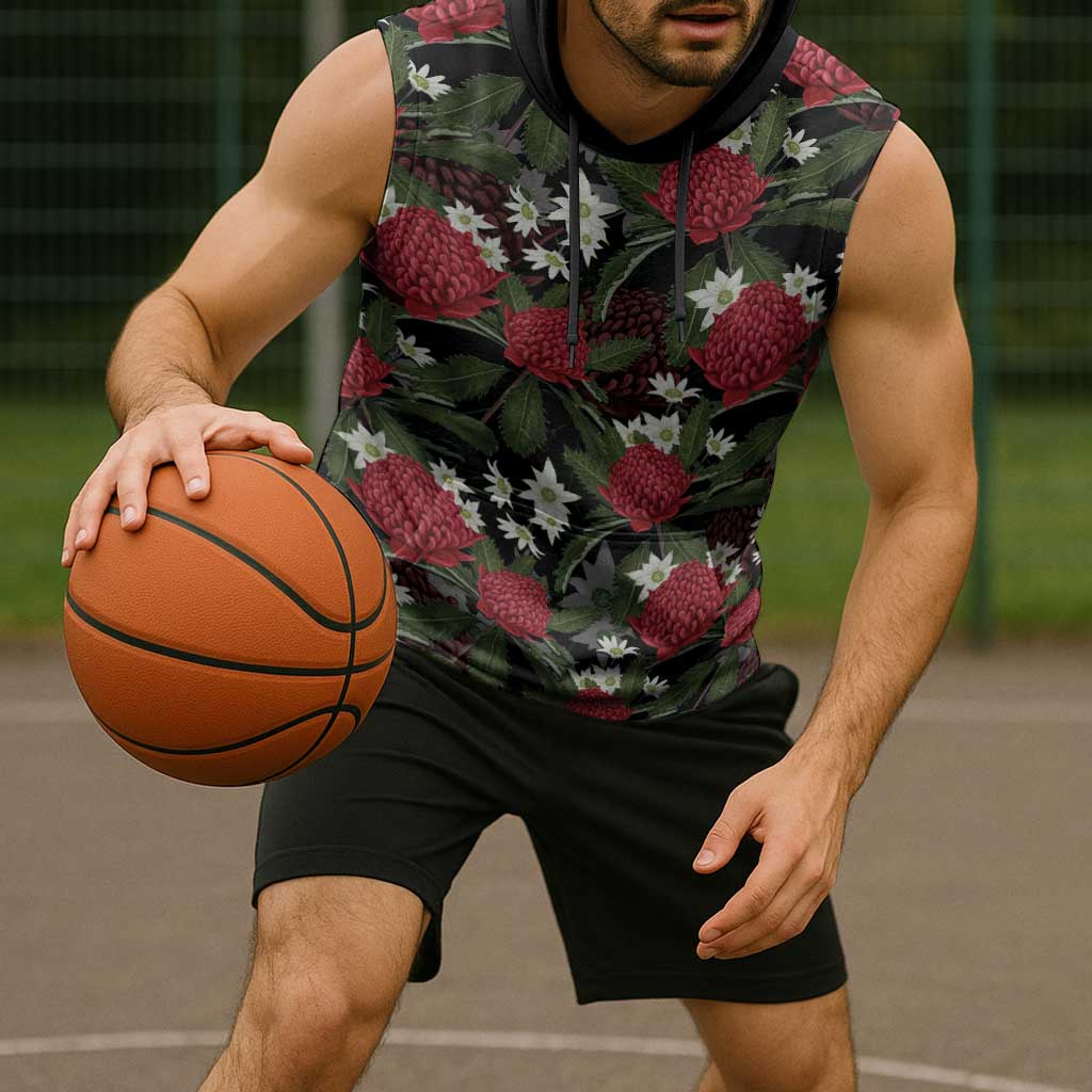 Australia Waratah Flannel Flower Sleeveless Hoodie Aussie Native Flowers Seamless Stylized - Aussie Hoodie