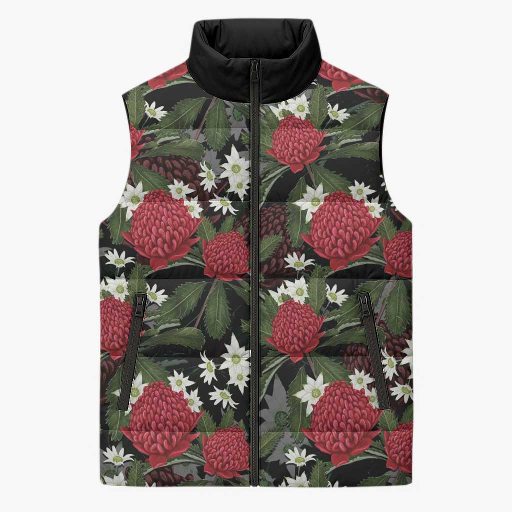 Australia Waratah Flannel Flower Sleeveless Puffer Jacket Aussie Native Flowers Seamless Stylized - Aussie Hoodie