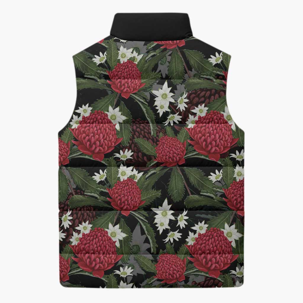 Australia Waratah Flannel Flower Sleeveless Puffer Jacket Aussie Native Flowers Seamless Stylized - Aussie Hoodie