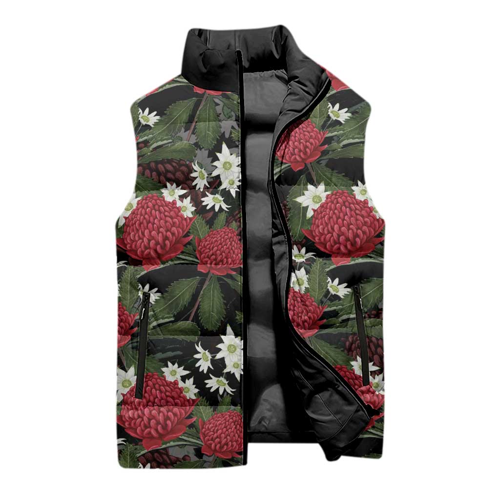 Australia Waratah Flannel Flower Sleeveless Puffer Jacket Aussie Native Flowers Seamless Stylized - Aussie Hoodie