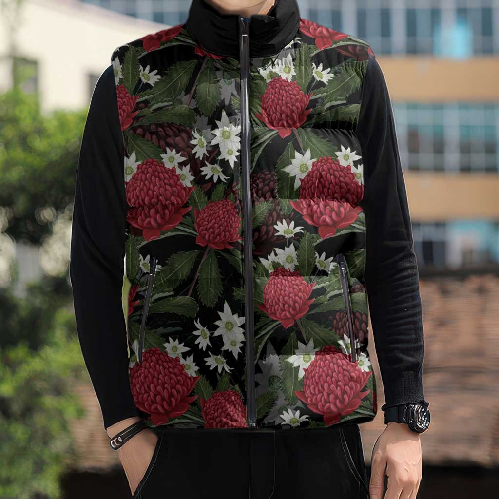 Australia Waratah Flannel Flower Sleeveless Puffer Jacket Aussie Native Flowers Seamless Stylized - Aussie Hoodie