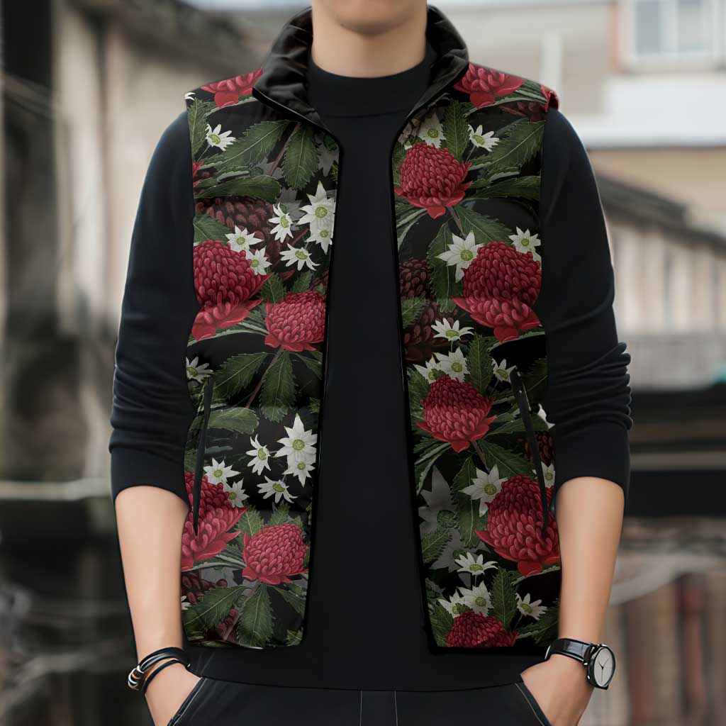 Australia Waratah Flannel Flower Sleeveless Puffer Jacket Aussie Native Flowers Seamless Stylized - Aussie Hoodie