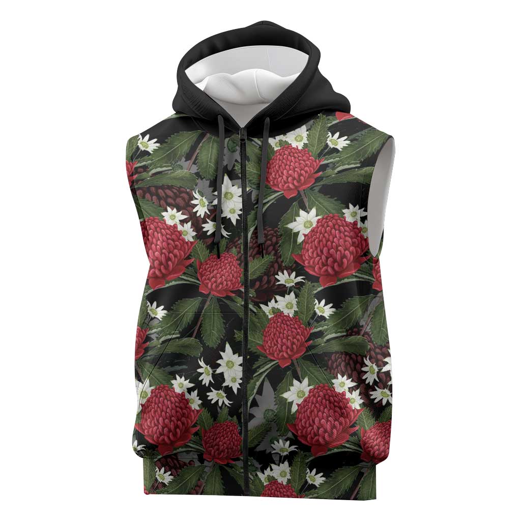 Australia Waratah Flannel Flower Sleeveless Zip Hoodie Aussie Native Flowers Seamless Stylized LT14