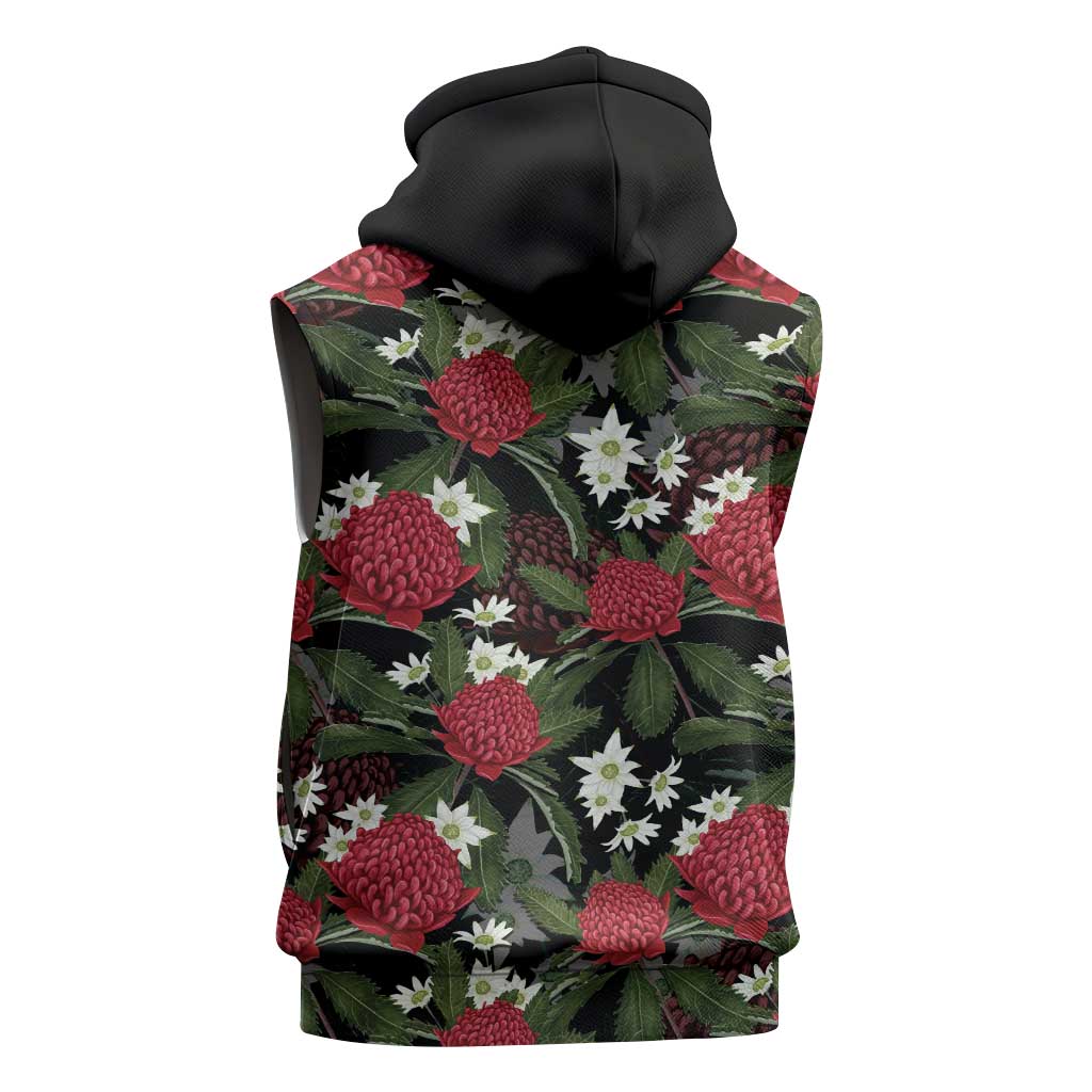 Australia Waratah Flannel Flower Sleeveless Zip Hoodie Aussie Native Flowers Seamless Stylized LT14