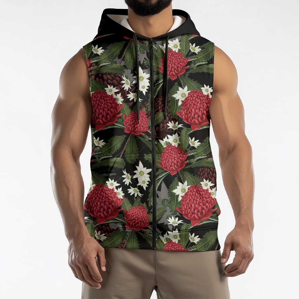 Australia Waratah Flannel Flower Sleeveless Zip Hoodie Aussie Native Flowers Seamless Stylized LT14