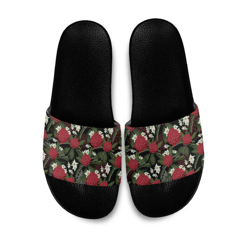 Australia Waratah Flannel Flower Slide Sandals Aussie Native Flowers Seamless Stylized - Aussie Hoodie