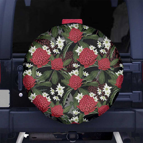 Australia Waratah Flannel Flower Spare Tire Cover Aussie Native Flowers Seamless Stylized - Aussie Hoodie