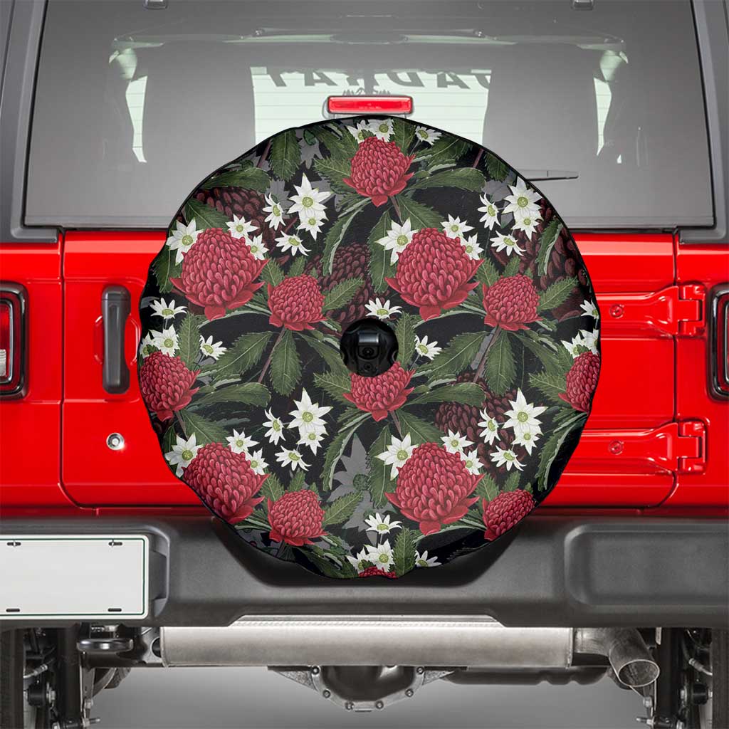 Australia Waratah Flannel Flower Spare Tire Cover Aussie Native Flowers Seamless Stylized - Aussie Hoodie