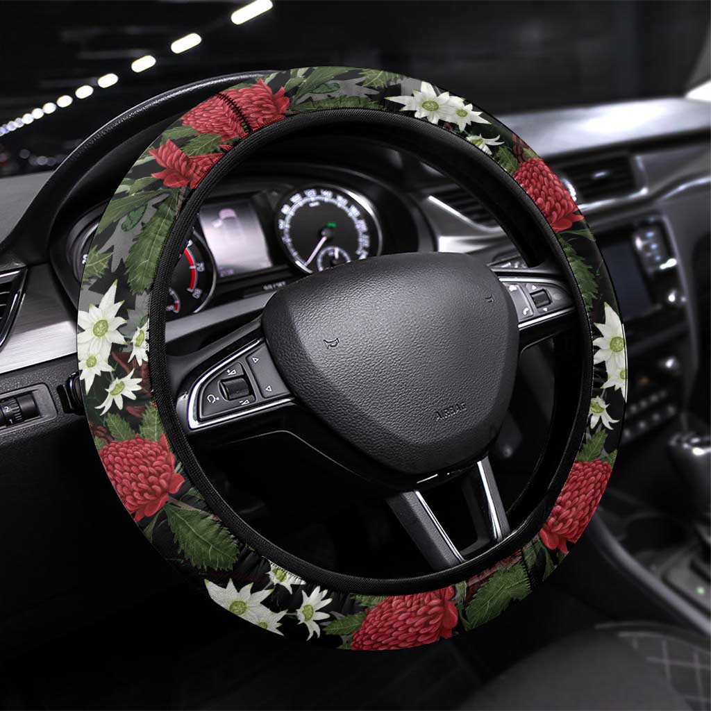 Australia Waratah Flannel Flower Steering Wheel Cover Aussie Native Flowers Seamless Stylized - Aussie Hoodie