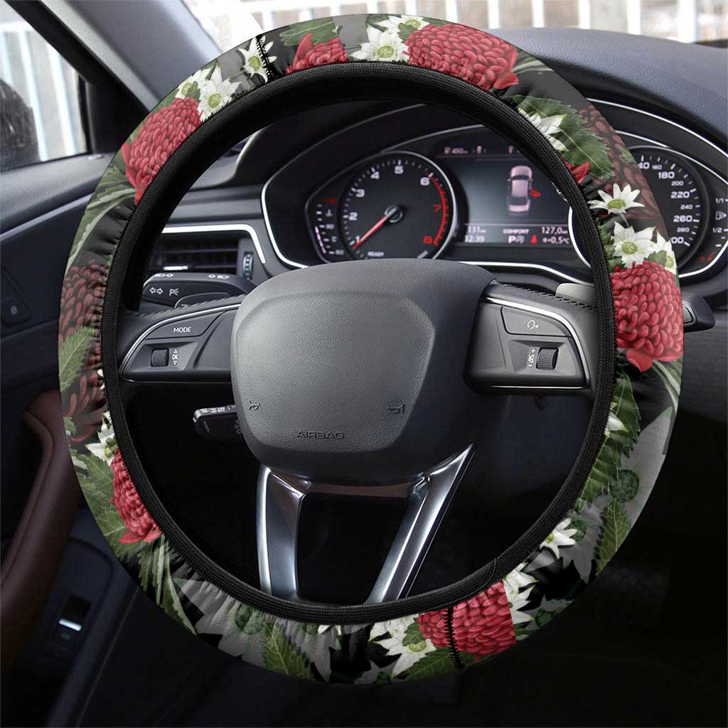 Australia Waratah Flannel Flower Steering Wheel Cover Aussie Native Flowers Seamless Stylized - Aussie Hoodie