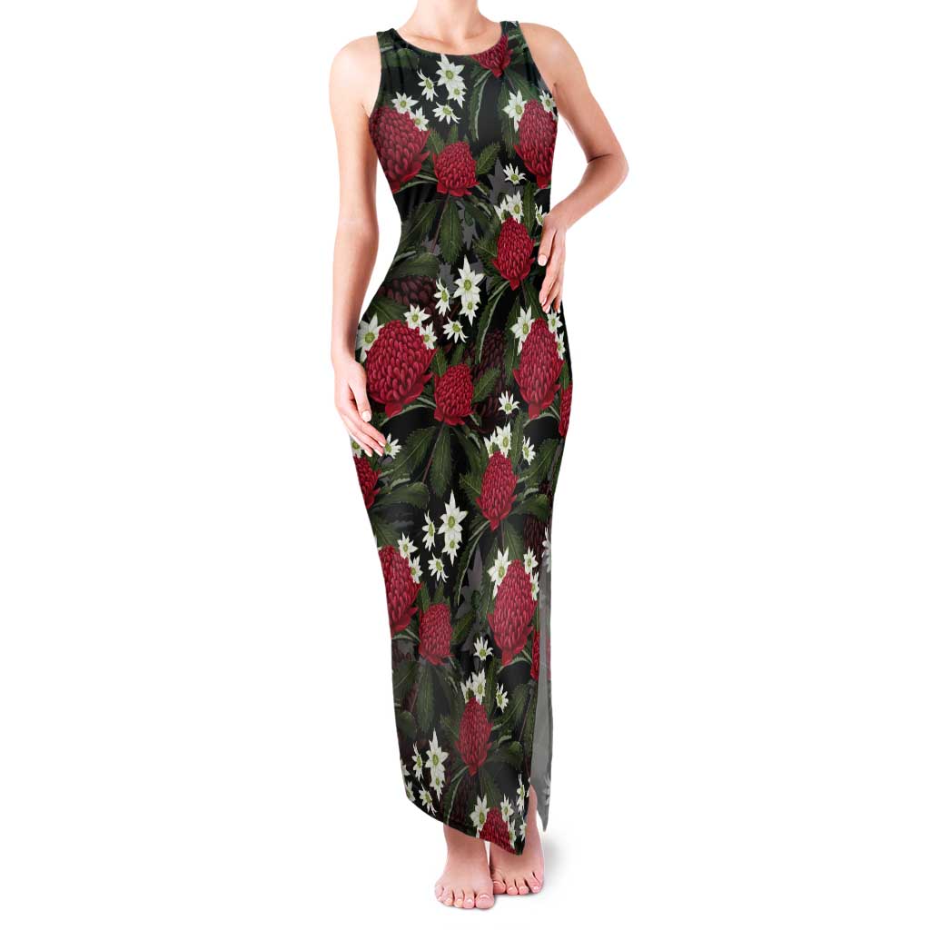 Australia Waratah Flannel Flower Tank Maxi Dress Aussie Native Flowers Seamless Stylized - Aussie Hoodie