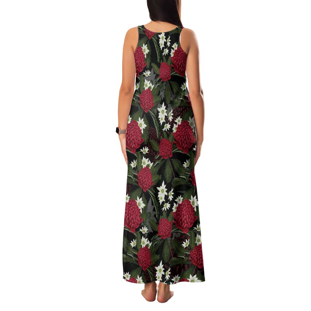 Australia Waratah Flannel Flower Tank Maxi Dress Aussie Native Flowers Seamless Stylized - Aussie Hoodie