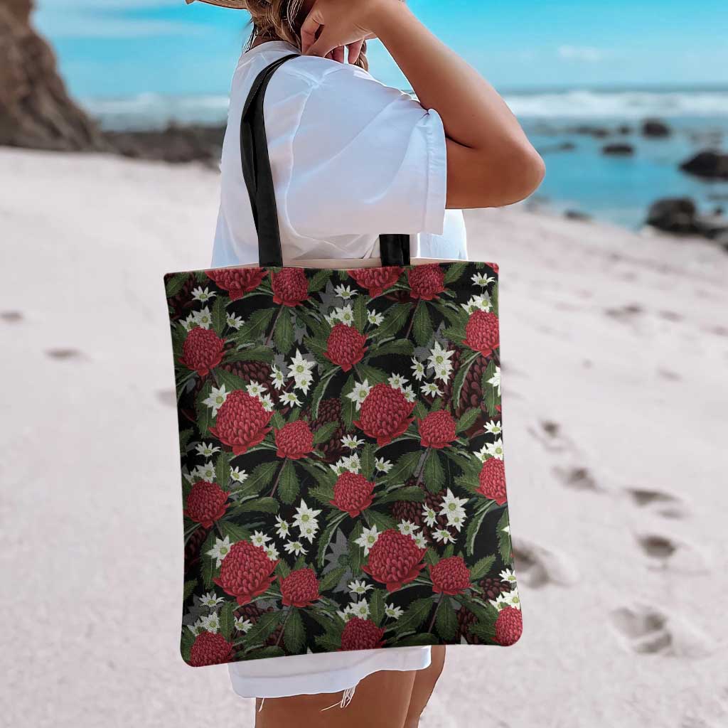 Australia Waratah Flannel Flower Tote Bag Aussie Native Flowers Seamless Stylized - Aussie Hoodie