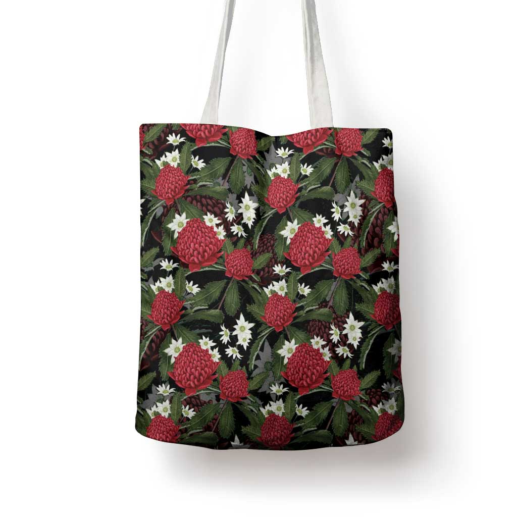 Australia Waratah Flannel Flower Tote Bag Aussie Native Flowers Seamless Stylized - Aussie Hoodie