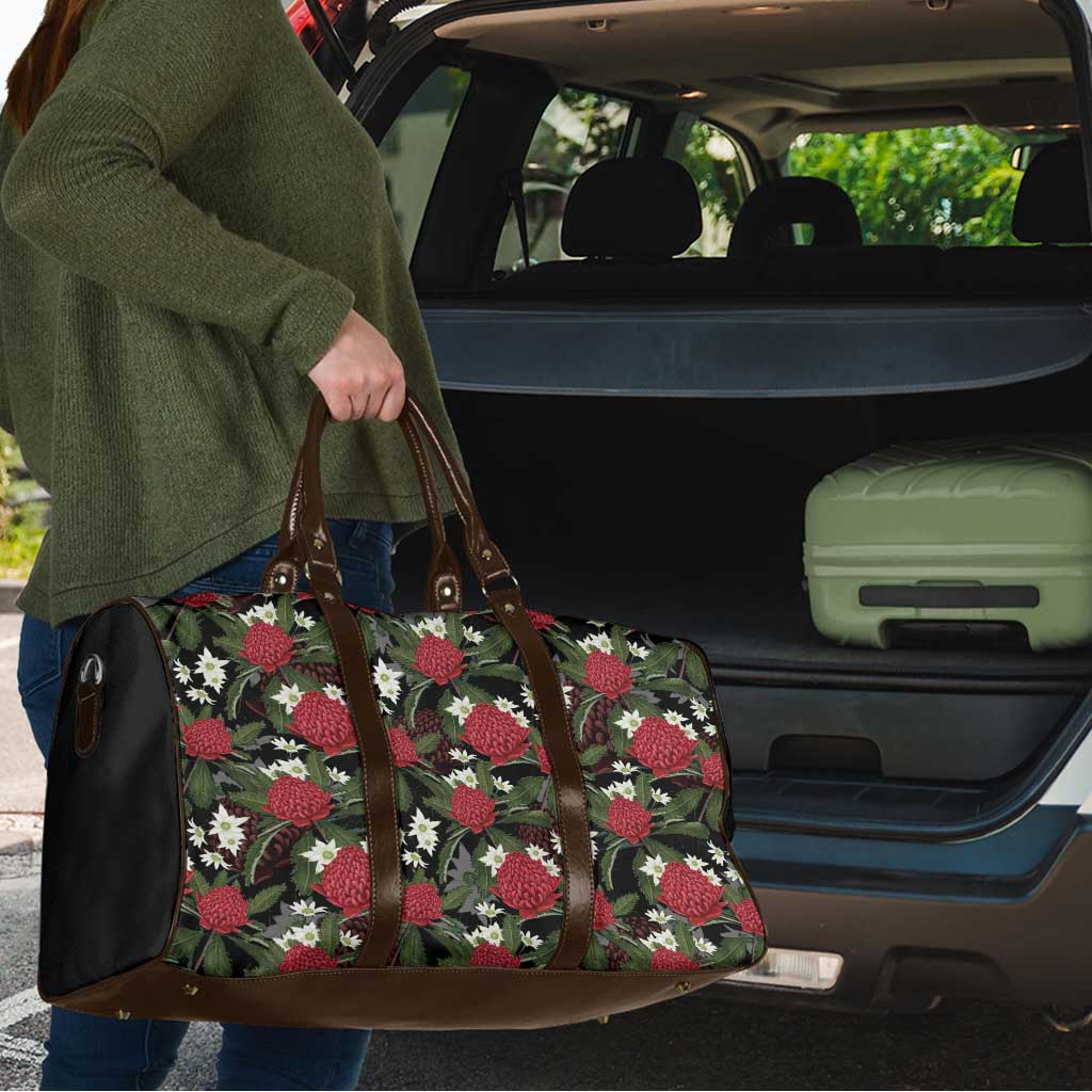 Australia Waratah Flannel Flower Travel Bag Aussie Native Flowers Seamless Stylized - Aussie Hoodie