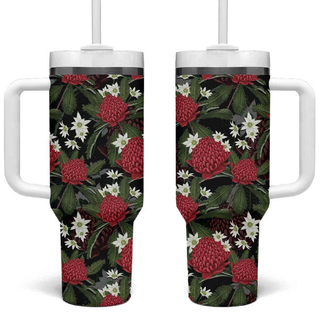 Australia Waratah Flannel Flower Tumbler With Handle Aussie Native Flowers Seamless Stylized - Aussie Hoodie