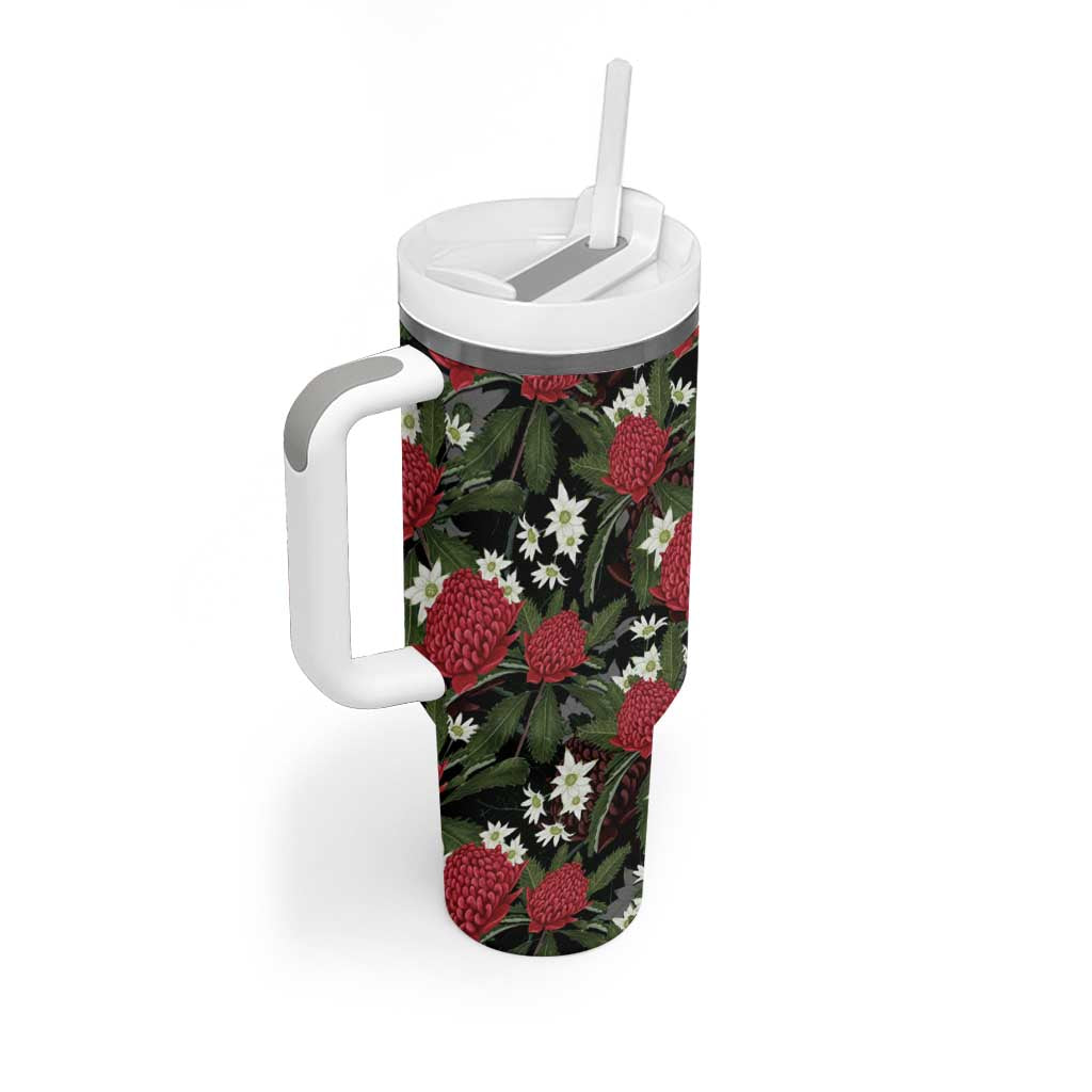 Australia Waratah Flannel Flower Tumbler With Handle Aussie Native Flowers Seamless Stylized - Aussie Hoodie