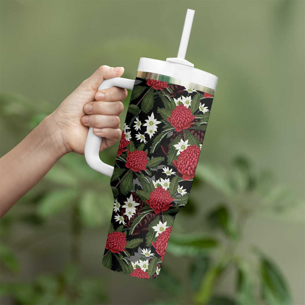 Australia Waratah Flannel Flower Tumbler With Handle Aussie Native Flowers Seamless Stylized - Aussie Hoodie