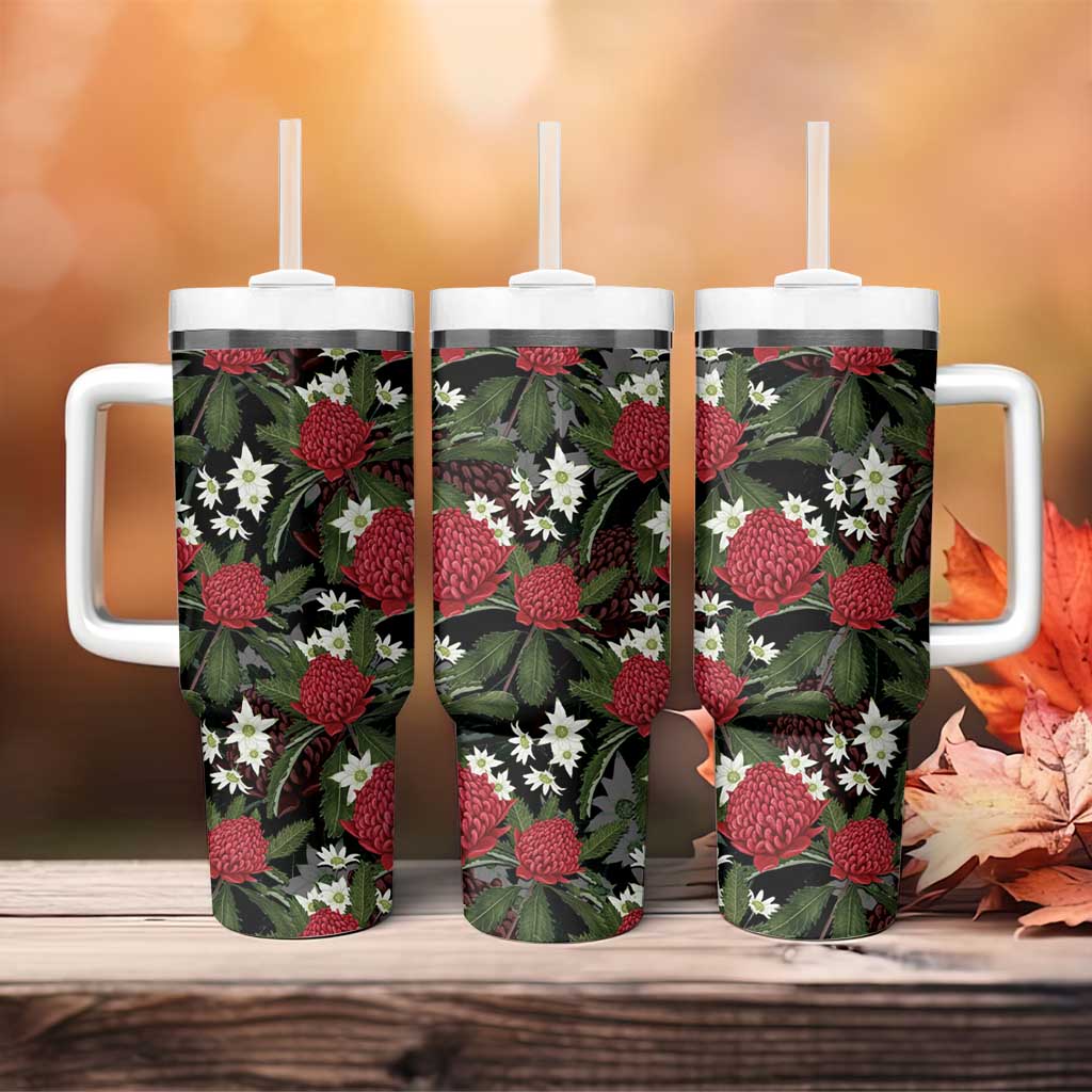Australia Waratah Flannel Flower Tumbler With Handle Aussie Native Flowers Seamless Stylized - Aussie Hoodie
