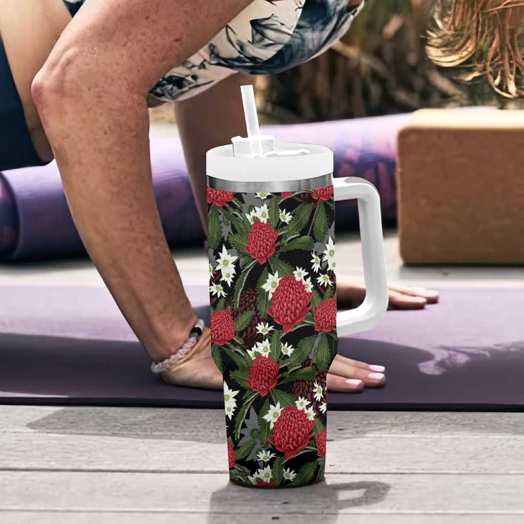 Australia Waratah Flannel Flower Tumbler With Handle Aussie Native Flowers Seamless Stylized - Aussie Hoodie
