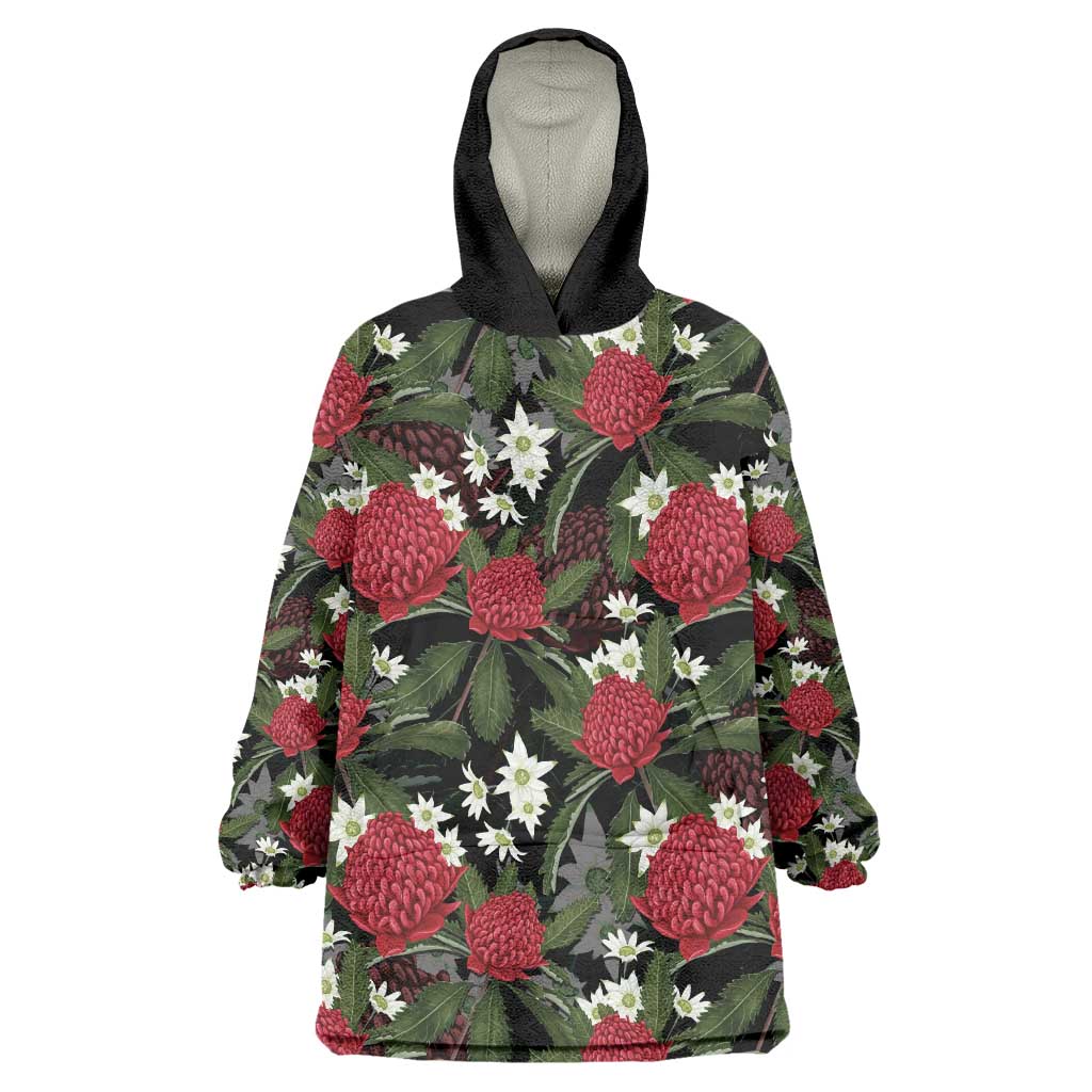 Australia Waratah Flannel Flower Wearable Blanket Hoodie Aussie Native Flowers Seamless Stylized - Aussie Hoodie