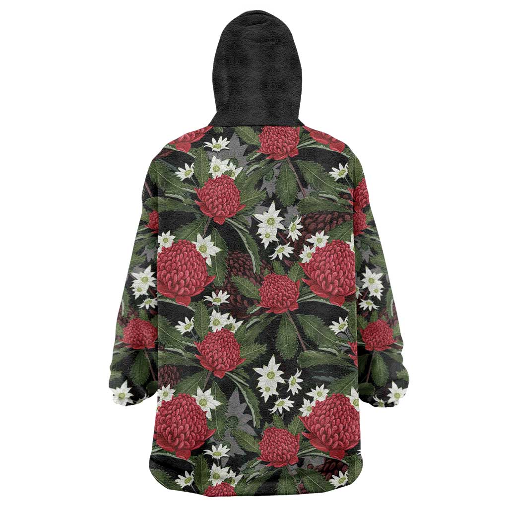 Australia Waratah Flannel Flower Wearable Blanket Hoodie Aussie Native Flowers Seamless Stylized - Aussie Hoodie