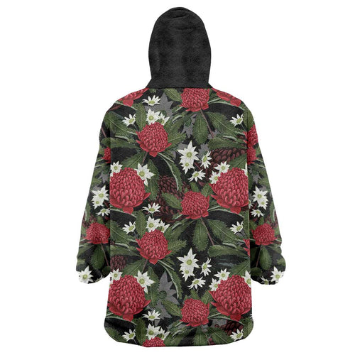 Australia Waratah Flannel Flower Wearable Blanket Hoodie Aussie Native Flowers Seamless Stylized - Aussie Hoodie