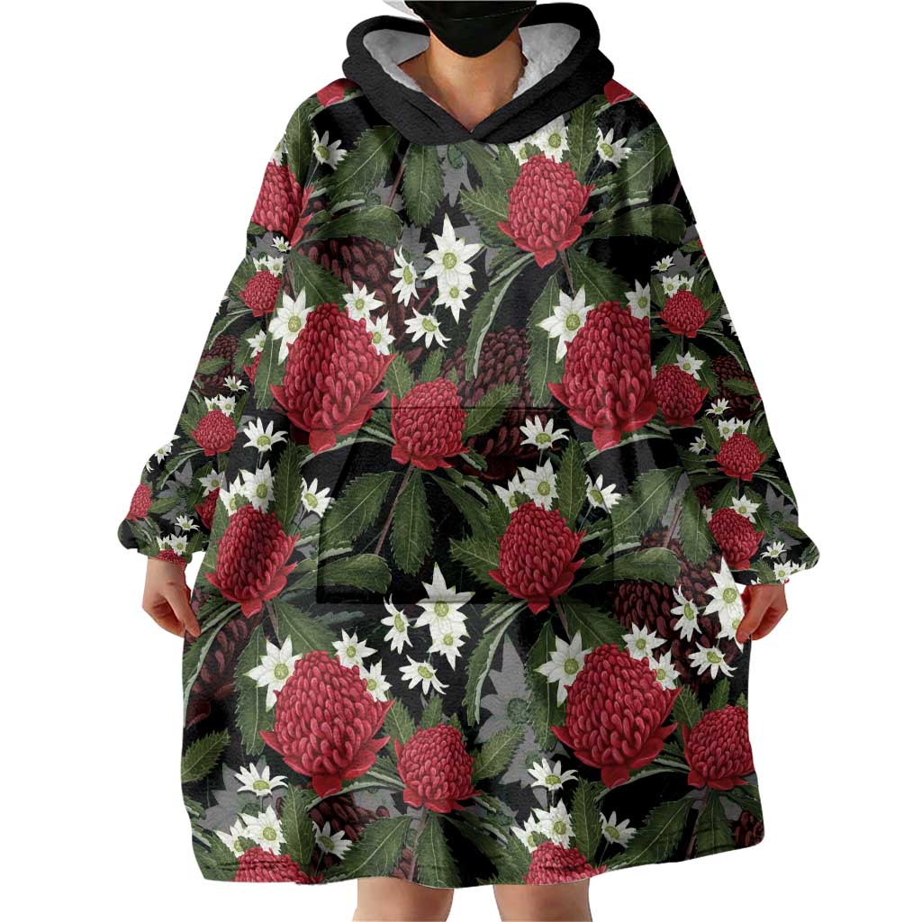 Australia Waratah Flannel Flower Wearable Blanket Hoodie Aussie Native Flowers Seamless Stylized - Aussie Hoodie