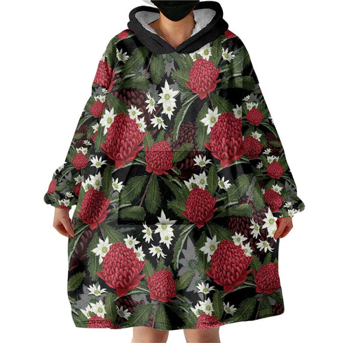 Australia Waratah Flannel Flower Wearable Blanket Hoodie Aussie Native Flowers Seamless Stylized - Aussie Hoodie