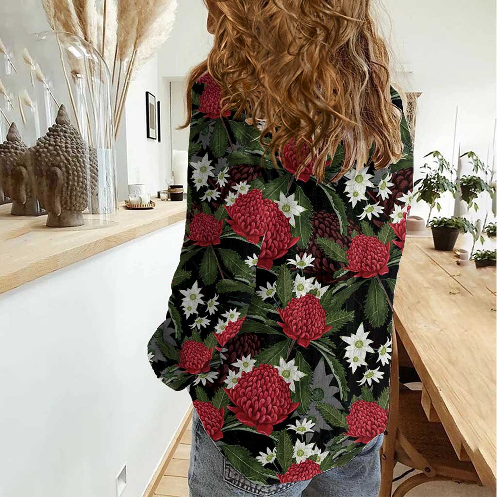 Australia Waratah Flannel Flower Women Casual Shirt Aussie Native Flowers Seamless Stylized - Aussie Hoodie