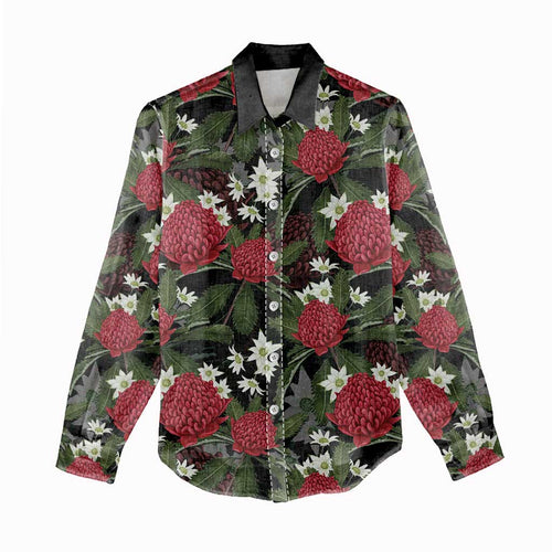 Australia Waratah Flannel Flower Women Casual Shirt Aussie Native Flowers Seamless Stylized - Aussie Hoodie