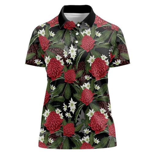 Australia Waratah Flannel Flower Women Polo Shirt Aussie Native Flowers Seamless Stylized - Aussie Hoodie