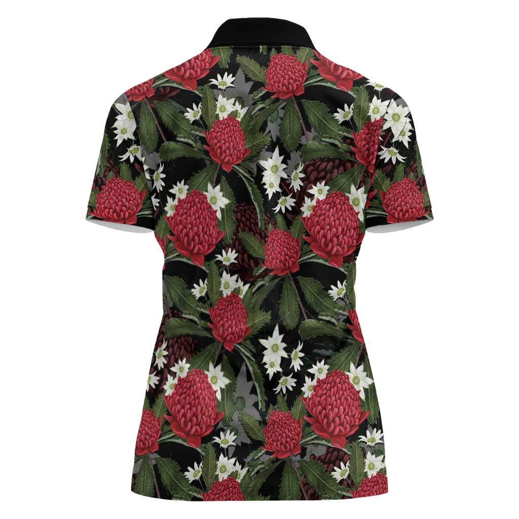Australia Waratah Flannel Flower Women Polo Shirt Aussie Native Flowers Seamless Stylized - Aussie Hoodie