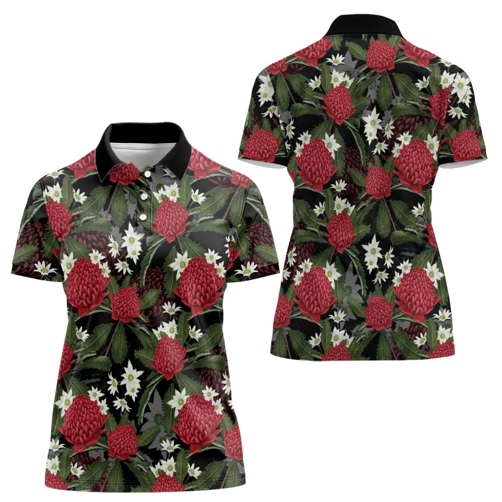 Australia Waratah Flannel Flower Women Polo Shirt Aussie Native Flowers Seamless Stylized - Aussie Hoodie