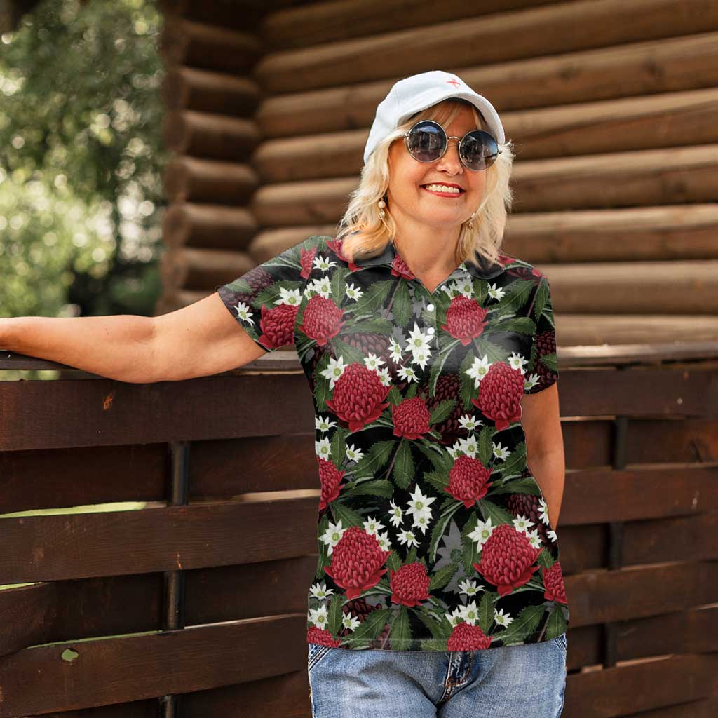 Australia Waratah Flannel Flower Women Polo Shirt Aussie Native Flowers Seamless Stylized - Aussie Hoodie