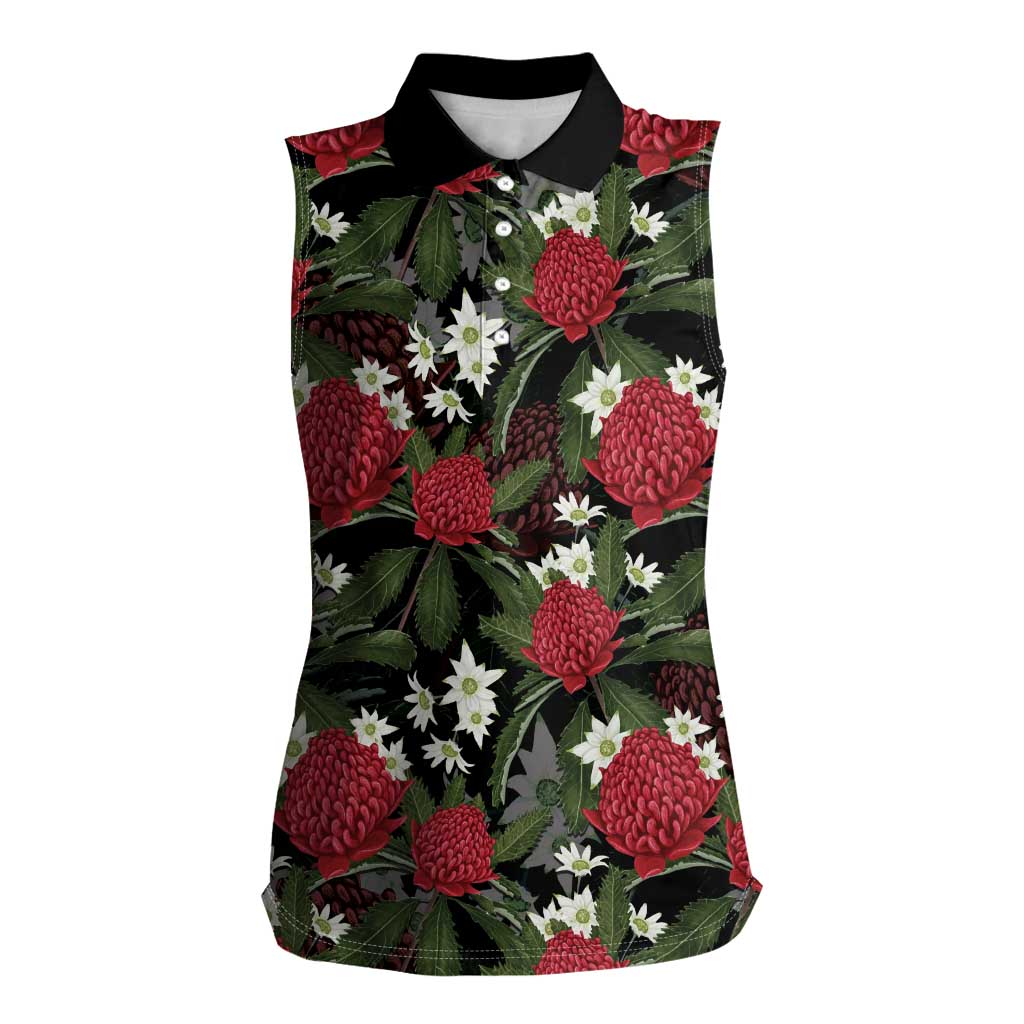 Australia Waratah Flannel Flower Women Sleeveless Polo Shirt Aussie Native Flowers Seamless Stylized - Aussie Hoodie